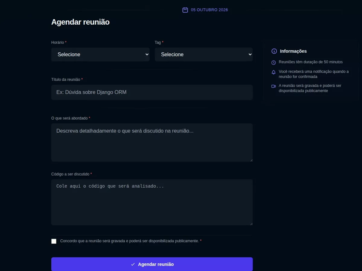 Tela de agendamento de reuniões da plataforma