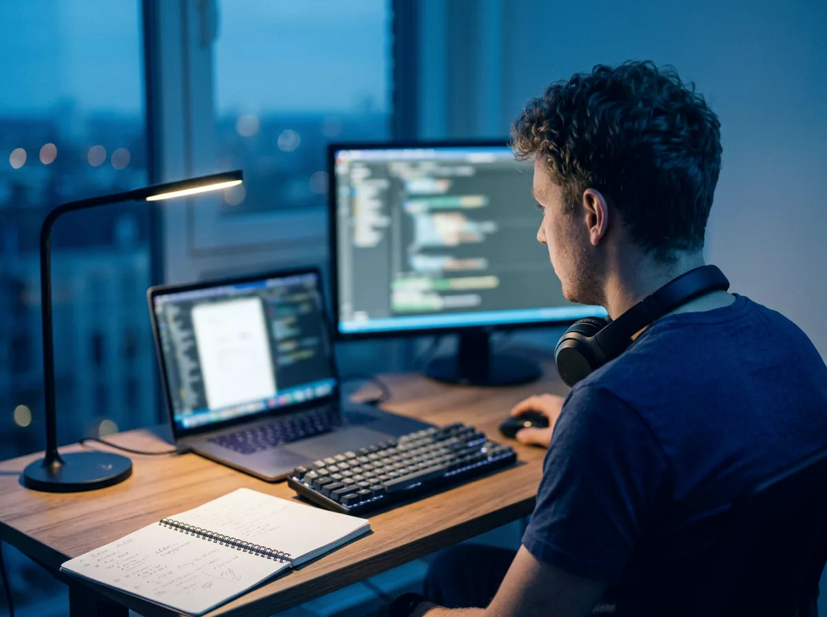 Desenvolvedor trabalhando em casa com notebook e monitor