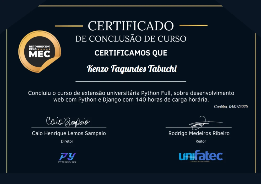 Certificado de conclusão de curso de extensão universitária, reconhecido pelo MEC, emitido pela Pythonando e pela UniFatec