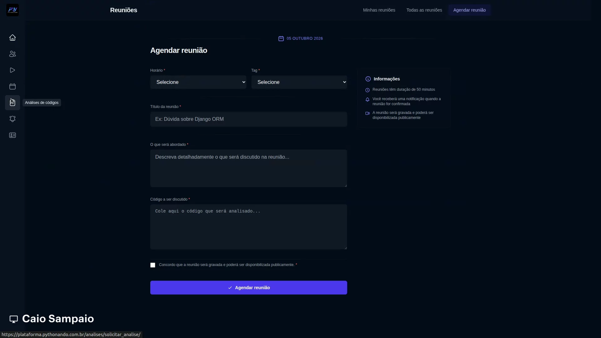 Tela da plataforma para enviar um código para análise
