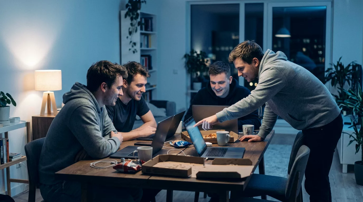 Grupo de amigos programando juntos em volta de uma mesa
