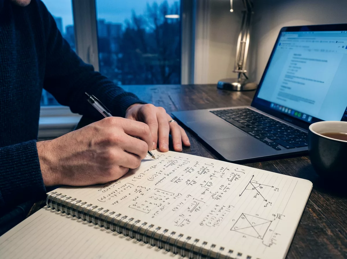 Mãos escrevendo fórmulas em um caderno ao lado de um notebook