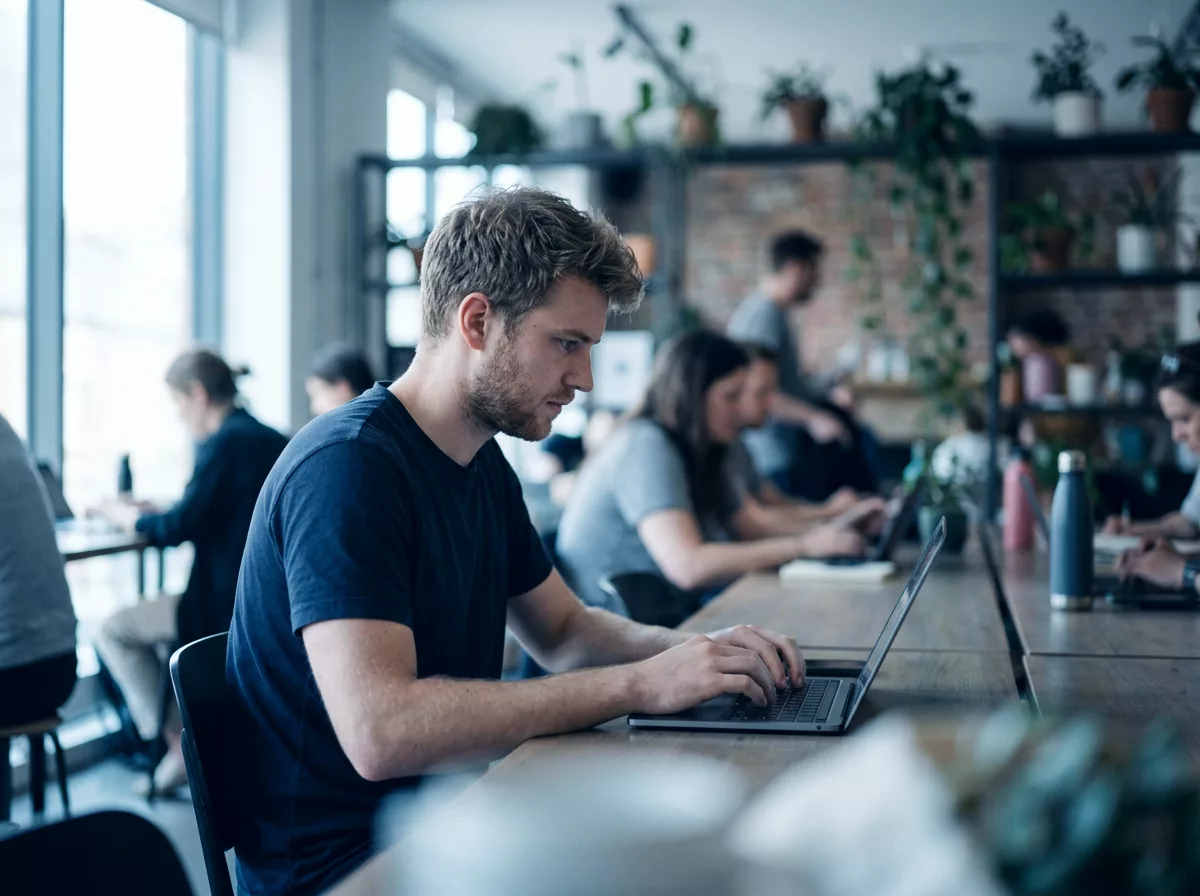 Desenvolvedor programando em um coworking